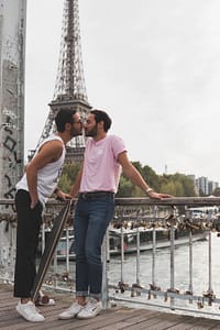 LGBT Paris 2 men in front of the Eiffel Tower, PARIS BY EMY