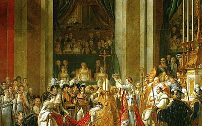Joséphine kneels before Napoleon during his coronation at Notre Dame. Behind him sits pope Pius VII. PARIS BY EMY private tour