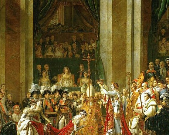 Joséphine kneels before Napoleon during his coronation at Notre Dame. Behind him sits pope Pius VII. PARIS BY EMY private tour